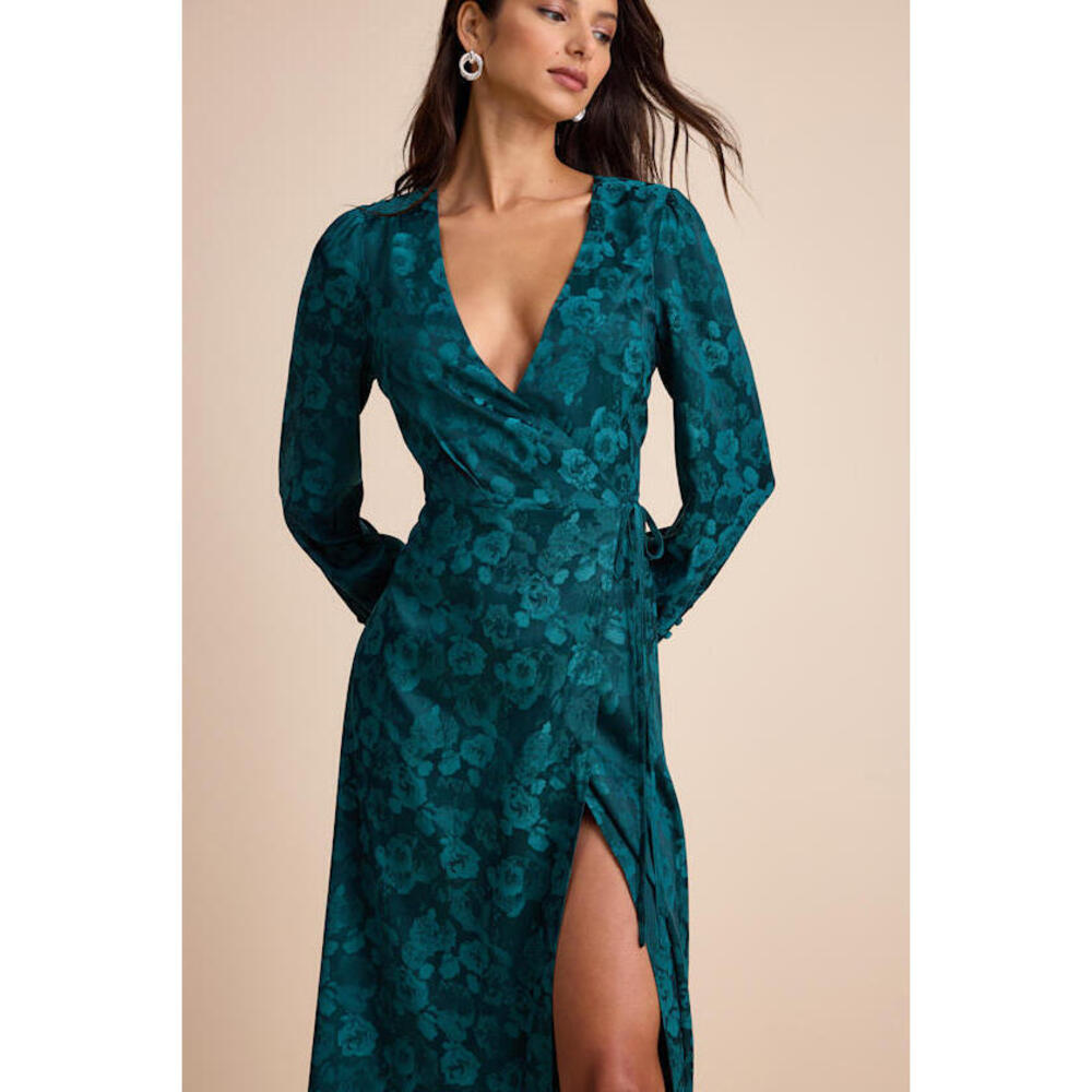Lulus Maryn Teal Green Satin Jacquard Wrap Maxi Dress - Size M